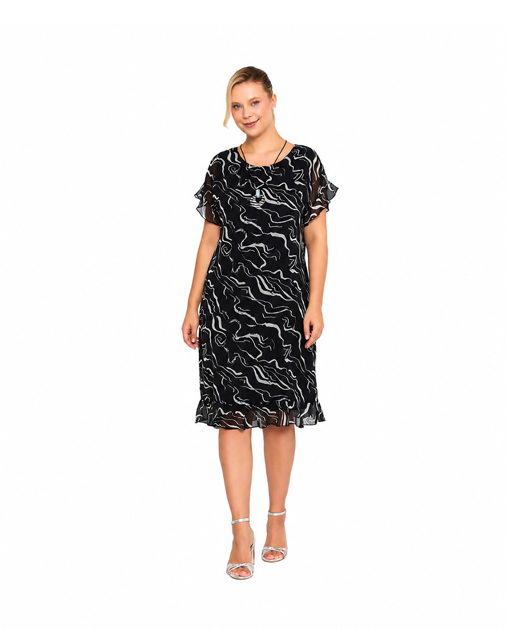Grace Midikleid Maris Print – Schwarz/Weiß