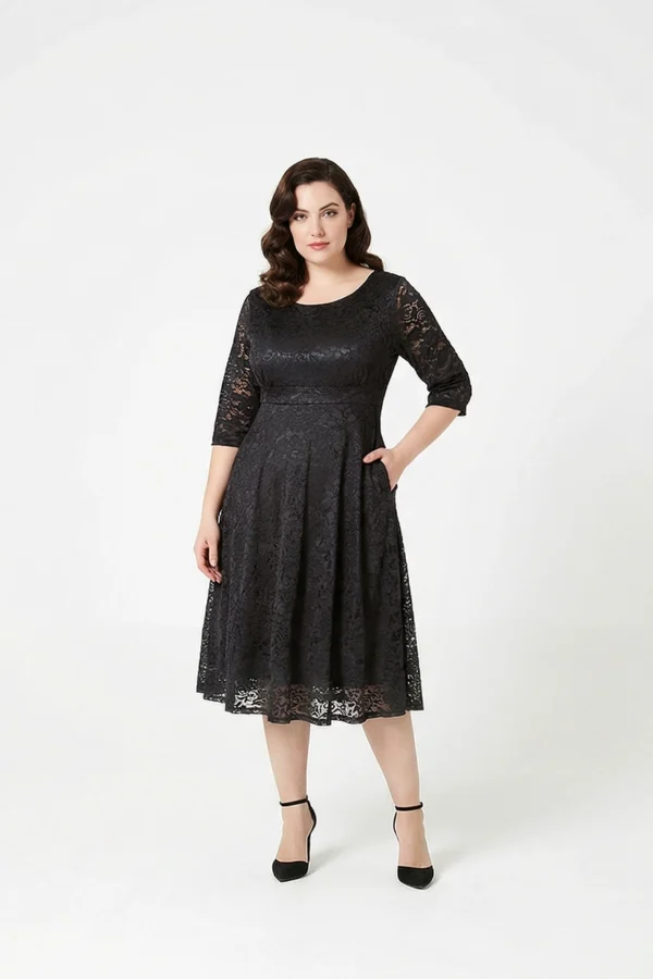 WEIJIA Curve Spitzen Midikleid - Schwarz