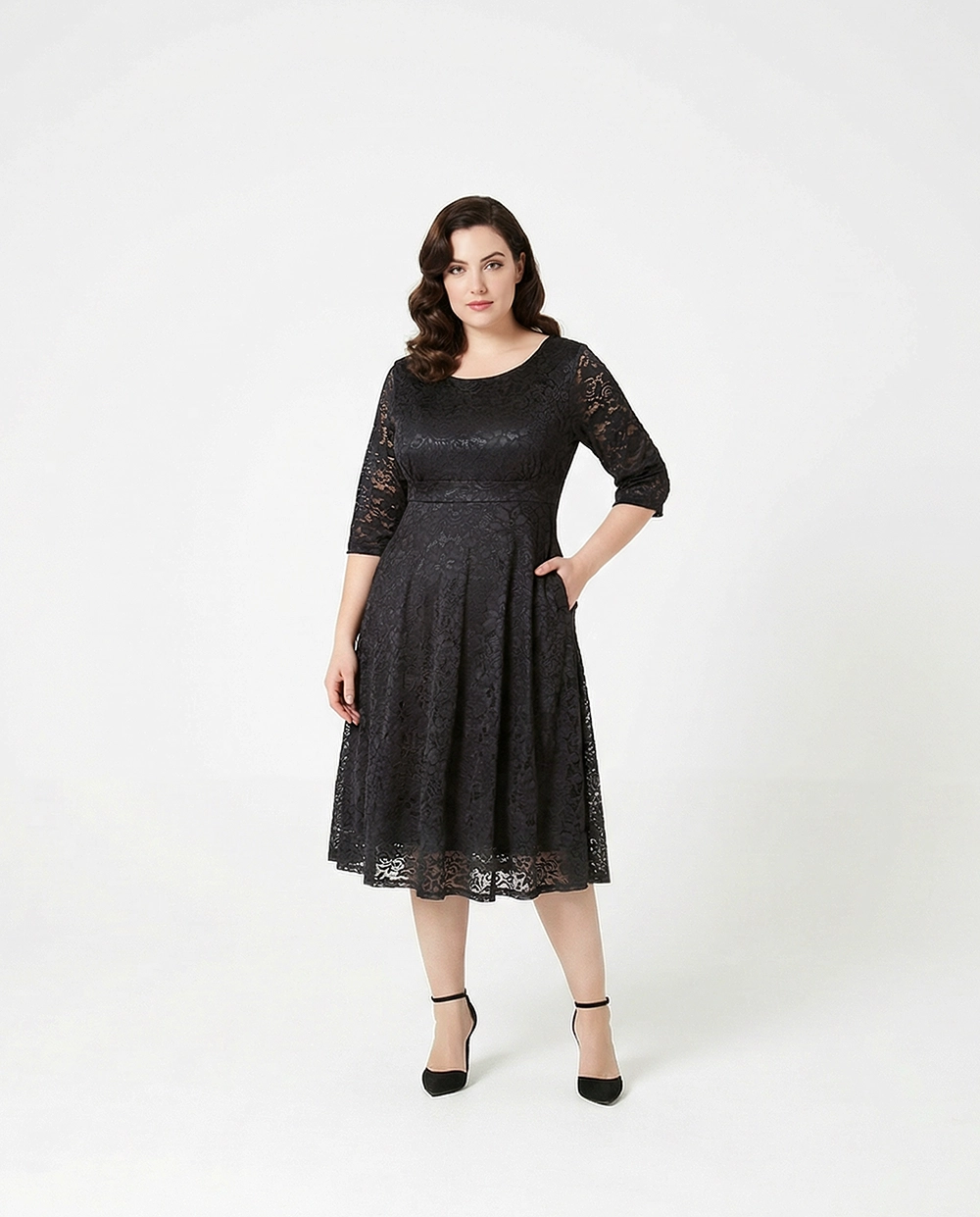 WEIJIA Curve Spitzen Midikleid - Schwarz