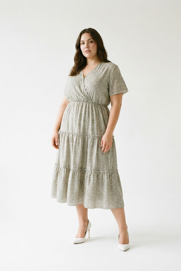 Bloom Freizeitkleid V-Ausschnitt Kurzarm Salbegrün mit floral