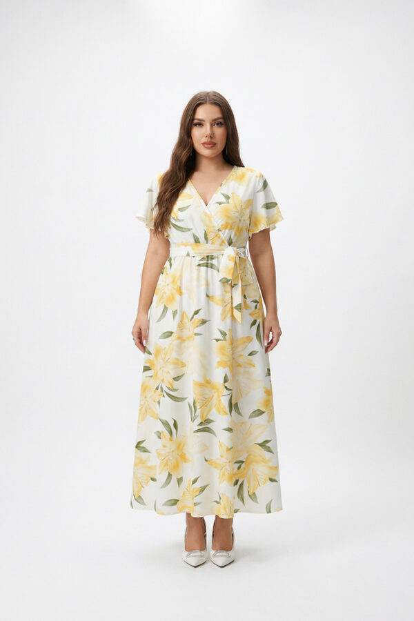 Bloom Maxikleid mit V-Ausschnitt – Weiß mit gelbem Blumenmuster