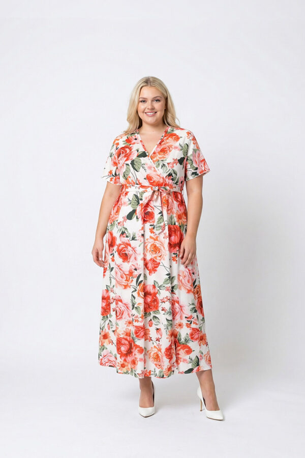 Bloom Maxikleid mit V-Ausschnitt – Weiß mit rotem Rosenmuster