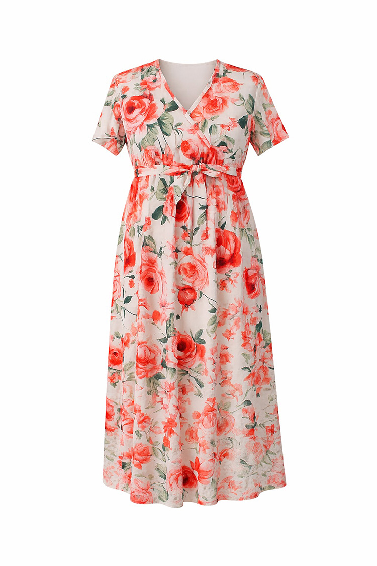 Bloom Maxikleid mit V-Ausschnitt - rot mit floral Vorderseite