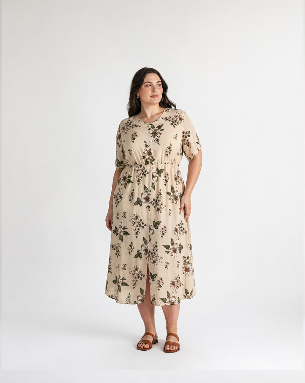 Bloom Midikleid Kirschblütenmuster-beige
