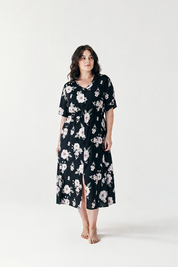 WEIJIA Midikleid mit V-Ausschnitt – Schwarze Nachtblüte Curves sizeplus