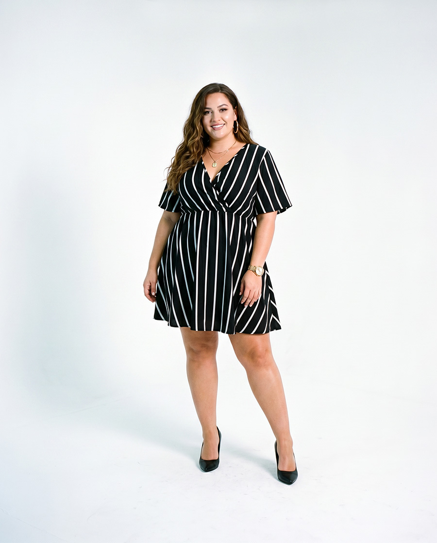 Bloom Candy Kleid in Schwarz mit cremeweißen Streifen.