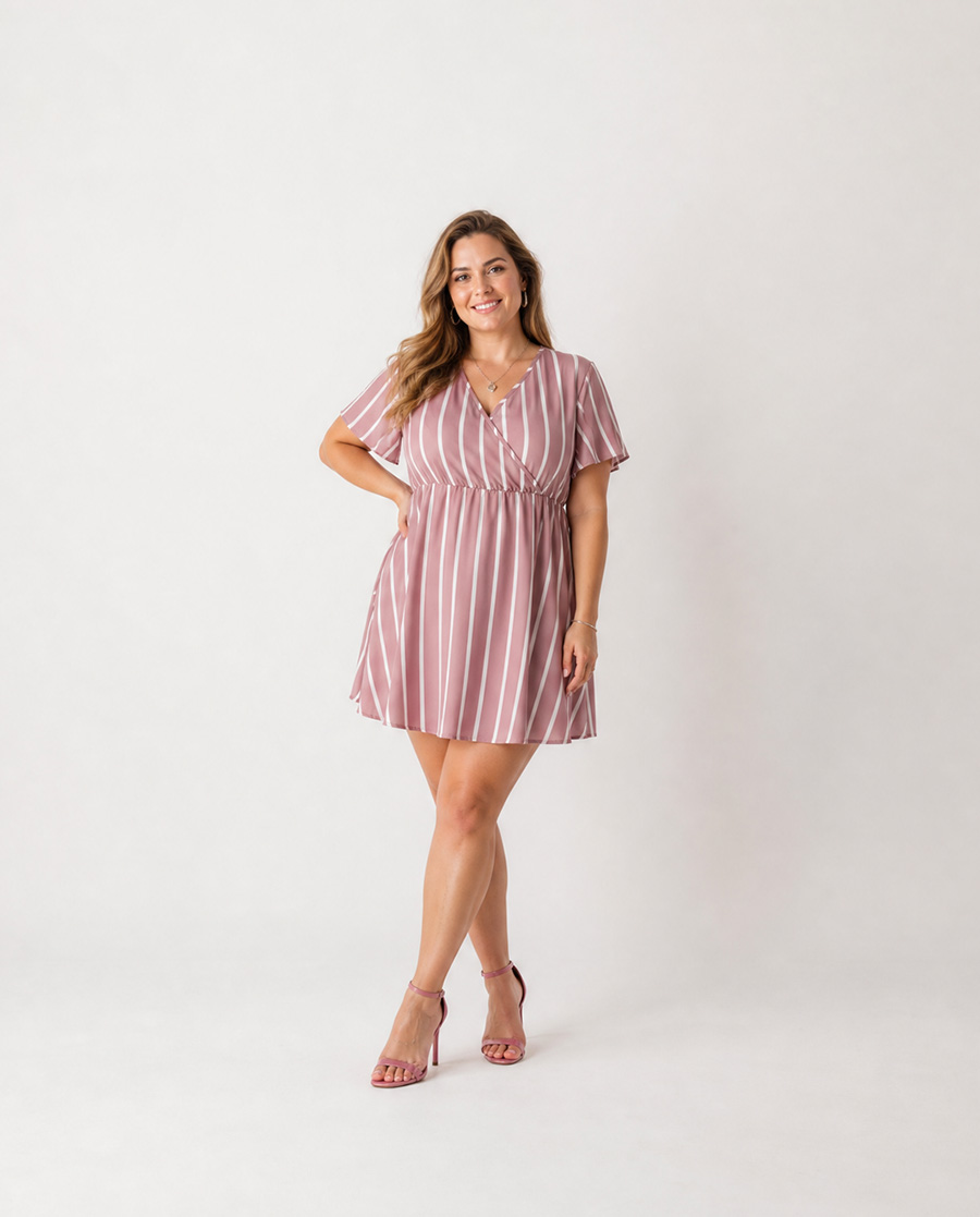 Bloom Candy Kleid in Rosa mit cremeweißen Streifen.