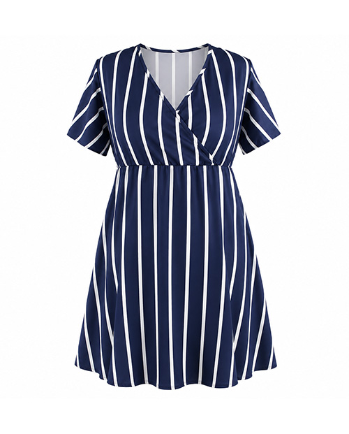 Vorderseite Bloom Candy Kleid in Navy mit cremeweißen Streifen.