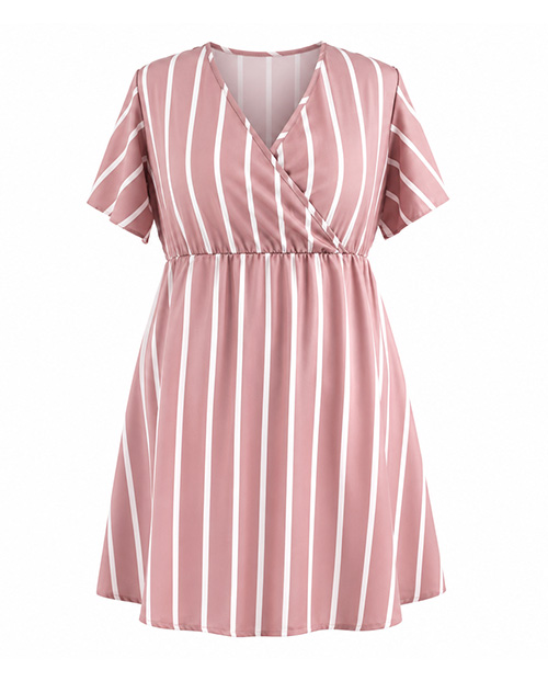 Vorderseite Bloom Candy Kleid in Rosa mit cremeweißen Streifen.